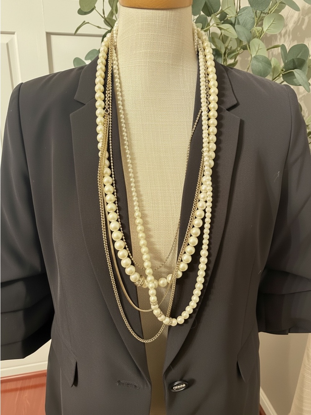 Layered Ivory Pearl and Gold Chain Necklace - Women Jewelry
